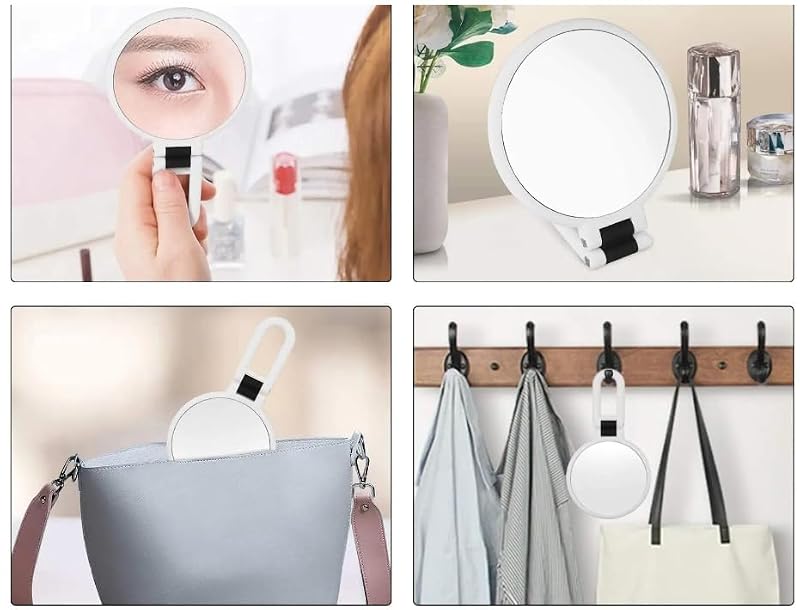 Stianiiie White Handheld Travel Mirror with 5X Magnification & Adjustable Handle