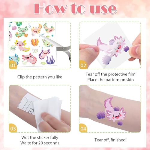 8 Sheets Axolotl Temporary Tattoos Stickers - 200+ Designs
