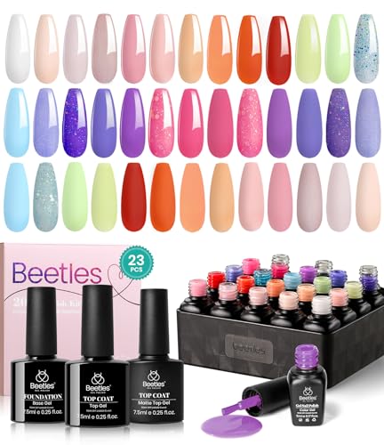 Beetles Summer Gel Nail Polish, 20 Colors Blue Nude Pink Purple Orange Glitter Gel Polish Glamour Games Collection with Base Top Coat Nail Art Soak off Gel Nail Manicure Gift for Girls Women