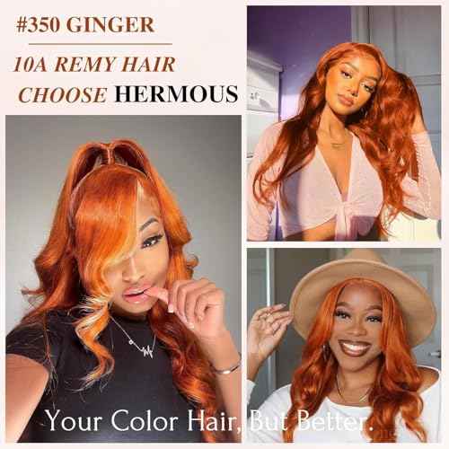 12A Ginger 3 Bundles With 4x4 HD Lace Closure Human Hair Body Wave 16 18 20+16 IN, 100% Brazilian Virgin Hair Soft And Shed-Free Copper Ginger 350 Body Wave Bundles With Closure Pre Plucked