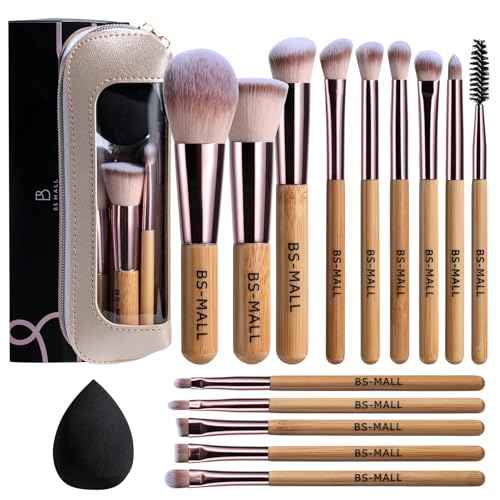 BS-MALL 14 Pcs Makeup Brushes Set with 1 Pcs Makeup Sponge ? Essential Foundation Powder Concealers, Eye Shadows, Blush Makeup Brushes with Travel Makeup Case (Bamboo)