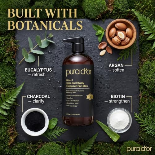 PURA D'OR 24 Oz 8-in-1 Multi-Use Hair & Body Cleanser for Men – Organic Aloe & Cedarwood