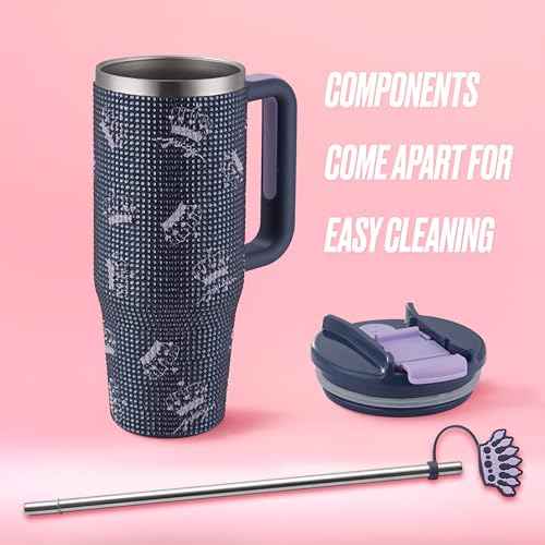 Juicy Couture Jetsetter 30oz Rhinestone Tumbler with Handle and Straw Topper, Navy Blue Crowns