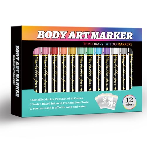 12pcs Tattoo Pen, Temporary Tattoo Maker for Kids, Safety Body Markers for Skin