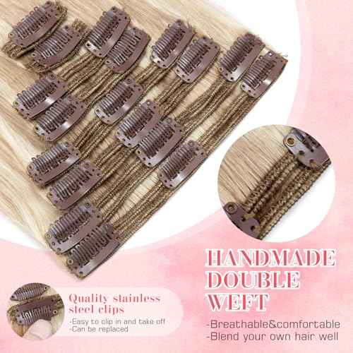 S-noilite Clip in Hair Extensions Human Hair, Ash Blonde to Bleach Blonde Balayage Remy Hair Extensions Double Weft 10 Inch Short Black Human Hair Extensions Clip ins for Women 110g 8pcs(#18P613)