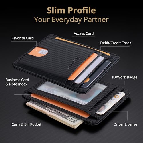Slim RFID Blocking Leather Wallet for Men & Women - Carbon Fiber Black