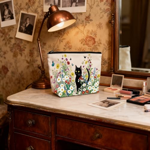 Black Cat Makeup Bag for Women - Travel Cosmetic Organizer