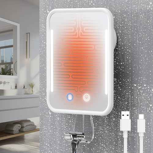 Gospire Heated Shower Mirror Fogless for Shaving with Light, 5000mAh Rechargeable Battery, Detachable Suction Cup and Razor Holder for Wall, NO-Drilling, Removable, Waterproof for Bathroom - White