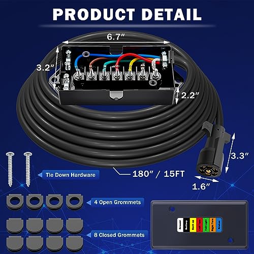 CheeMuii 15 FT Trailer Wiring Harness Kit Heavy Duty 7 Way Trailer Cord with 7 Pin Trailer Plug and Junction Box Kit Premium Light and Brake Wiring Wires for Trailer RV