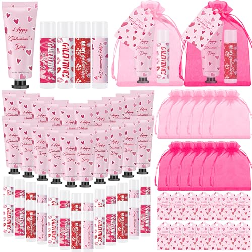 Loopeer 24 Set Galentine's Day Hand Cream and Lip Balm Gifts Bulk with Greeting Card and Bags Pink Valentines Day Gift Ideas Galentines Party Favors Stuffers for Women Friends Ladies