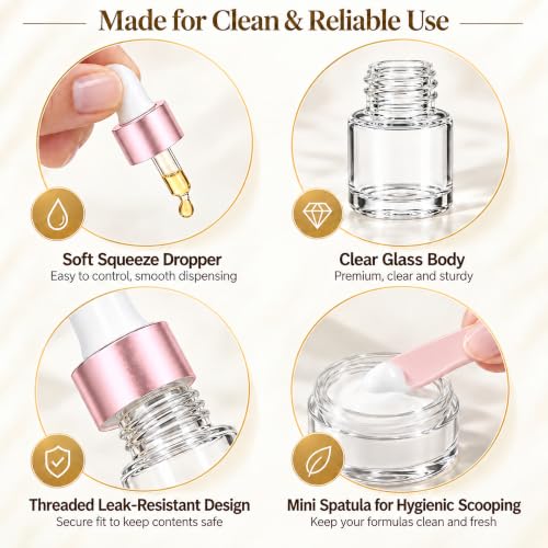 50 Pack 1ml Glass Dropper Bottles with Jars, Spatulas | Eikovia Pink/White Set