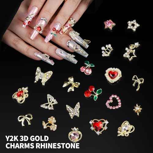 FANDAMEI Nail Charms and Gems, 24 Grids Nail Art Kit for Design, Y2K 3D Charms Rhinestone, Gold Metallic Nail Gems, Flatback AB Nail Rhinestones Gold Nail Pearls, 3D Fruits Flowers Nail Jewels