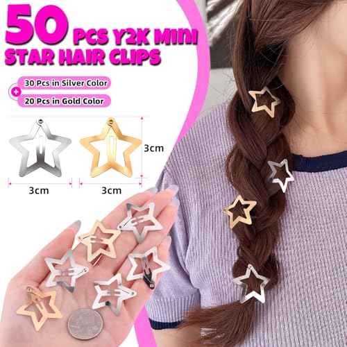 50 PCS Gold Silver Star Hair Clips, 1.18 Inch Y2K Accessories Snap Hair Clips, Non-Slip Small Star Barrettes Metal Accessories for Girls Women, Mini Fashion Cool Ornament Set for Rave Decor