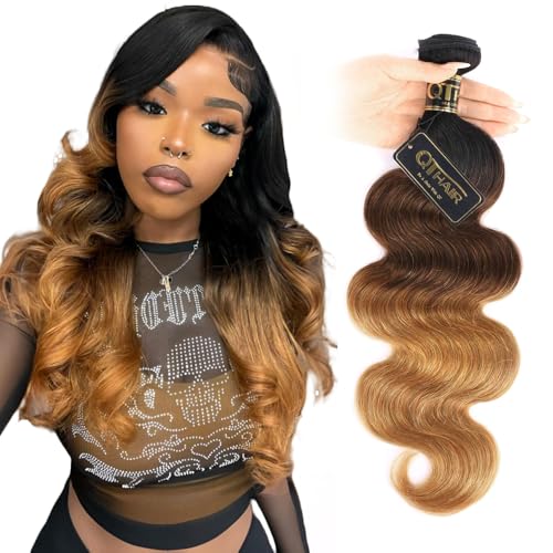 QTHAIR 16A Grade Ombre Body Wave Human Hair Bundles #1b/4/27 Color 24" 100g 100% Brazilian Body Wave Bundles Human Hair Extensions for Black Women