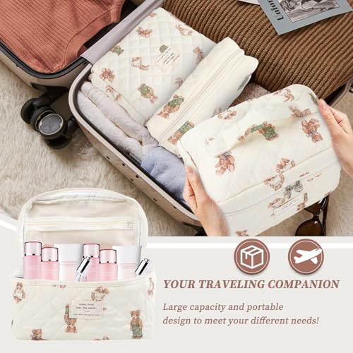 Large Quilted Makeup Bag for Women and Girls, Cute Coquette Floral Cotton Cosmetic Bag, Aesthetic Travel Organized Toiletry Bags (06-beige bears)