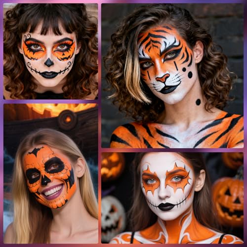 Orange Black White Oil Based Face Paint Kit with Painting Brushes, Professional Full Coverage Greasepaint for Adults Halloween Cosplay SFX Tiger Pumpkin Makeup Carnival Theater Stage