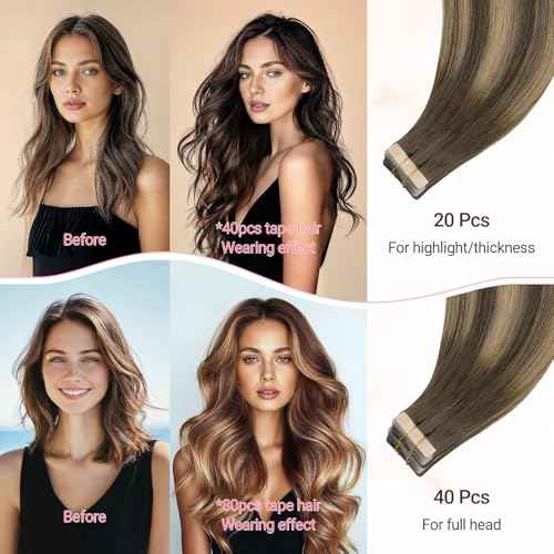 MAXITA Tape in Hair Extensions Human Hair, Balayage Chocolate Brown to Caramel Blonde, 22inch 50g 20pcs, Remy Silky Real Human Hair Extensions Thick Ends Straight Seamless Tape in Hair Extensions