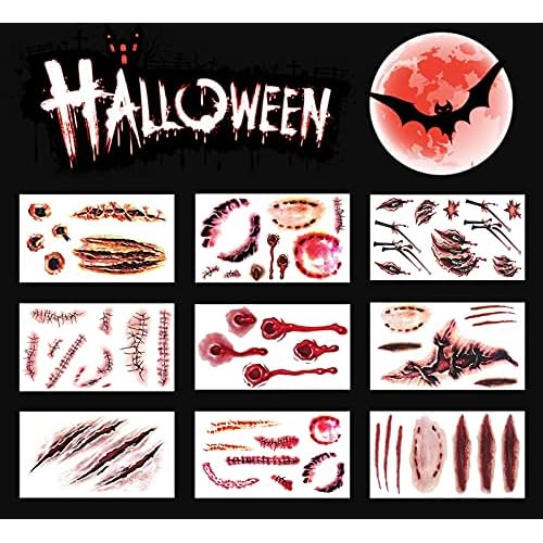 9 Sheet Body Face Temporary Tattoos Realistic Fake Wound Stitch Scar Scab Waterproof Horror Sticker Halloween Fool's Day Zombie Masquerade Prank Makeup Props for Kids Adult