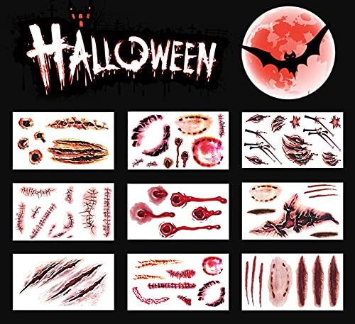 9 Sheet Realistic Fake Scar Temporary Tattoos - Waterproof Halloween Zombie Makeup