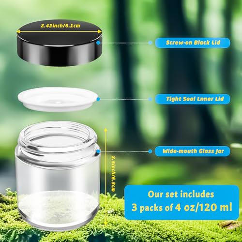 MotBach 4oz Glass Jars with Lids - 3 Pack, 120ml (Black Variation) with Inner Liners & Mini Spatulas
