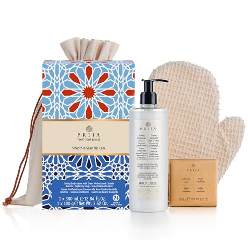 Prija Body Toning Gift Pack (Includes Toning Cream with Green Walnuts and Centella Asiatica, Softening Soap with Natural Glycerin, Smoothing Bath Glove in Natural Cotton) - Made in Italy