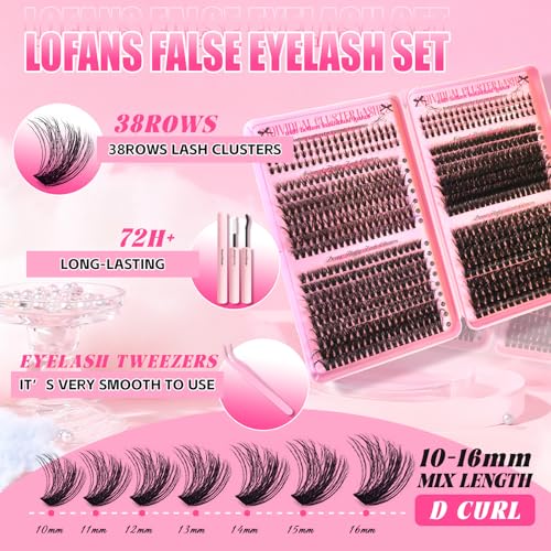 Lash Clusters Kit 32 Top and 6 Bottom Eyelashes, Wispy Natural Fluffy Lashes Clusters Extensions, 10-16mm 40D 60D 80D 100D D Curl Lash Thick kit (Bond and Seal, Glue Eyelash Brush Tweezer)