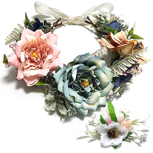 Unicelucky Handmade Flower Crown for Women Maternity PhotoShoot Floral Crown Headband Hair Wreath Flower Garland Headpiece with Ribbon for Wedding Festival Party HEBQH7-K