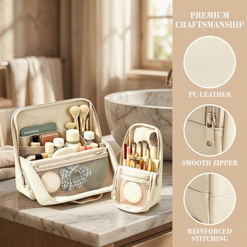 Wnnideo Standing Makeup Bag - Large Capacity Linen Cosmetic Organizer
