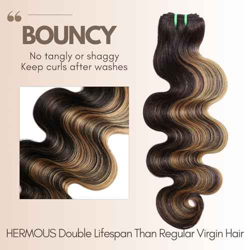 13A Double Drawn Honey Blonde Highlight FB27 Bundles 16 18 20 Inch Body Wave Human Hair, Black With Honey Brown Highlight Raw Human Hair 3 Bundles Unprocessed F1B/27 Ombre Sew In Extension
