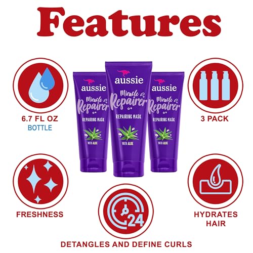 Aussie Miracle Repairer Reconstructing Hair Mask, 3 Pack Hair Mask with Aloe, Repair and Protect Damaged Hair, for All Hair Types 6.7 fl oz