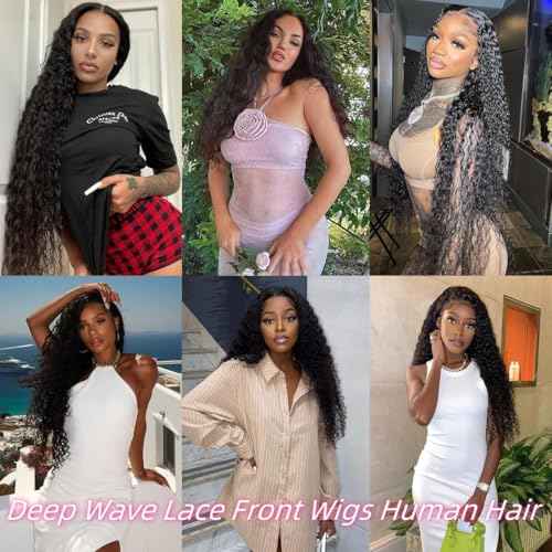13x6 Deep Wave Lace Front Wigs Human Hair 220 Density HD Transparent Pre Plucked Deep Curly Frontal Wigs Human Hair for Women Natural Black 24 Inch