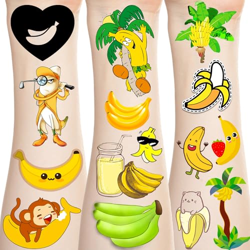 240PCS Banana Tattoos Temporary Stickers Cute banana Baby First Birthday Shower 2nd Birthday Banana fever powder Party Decorations Supplies Tattoos(24 Sheets)