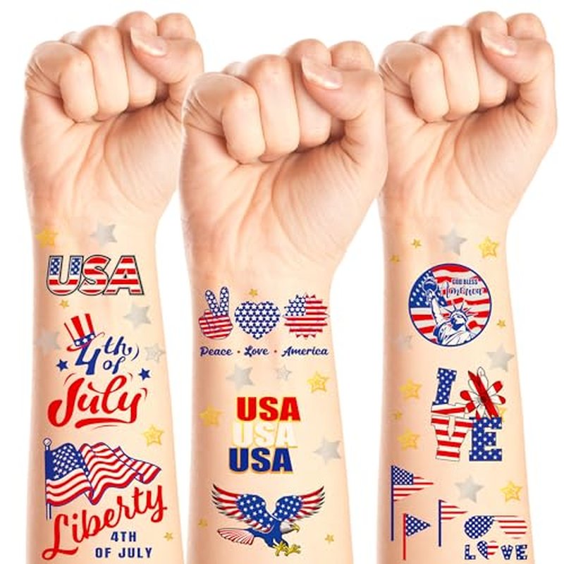188 PCS 12 Sheets Independence Day Temporary Tattoo Set, 4th of July Face and Body Stickers, Patriotic Parade Accessories, Long Lasting Pentagram Temporary Tattoo Stickers, July 4th Accessories bulk