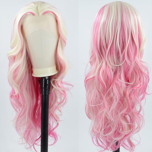 Long Wavy Hot Pink White Lace Front Wig Pink Skunk Stripe Platinum Blonde New Synthetic Hair For Women