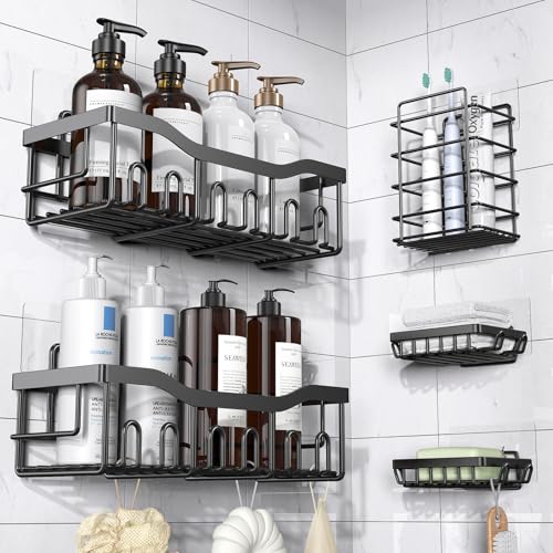 EUDELE Adhesive Shower Caddy, 5 Pack Rustproof Stainless Steel Bath Organizers With Large Capacity, No Drilling Shelves for Bathroom Storage & Home Decor