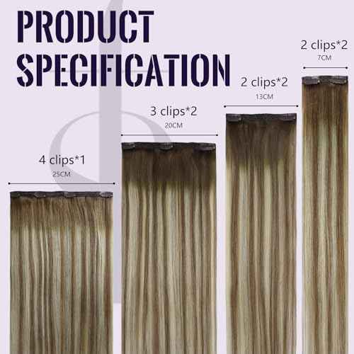 Fshine Clip in Hair Extensions Real Human Hair Dark Brown to Ash Brown Highlight Medium Blonde Clip Ins Double Weft #3/8/22 120g 22inch 7pcs Girl Boss Everyday Upgrade