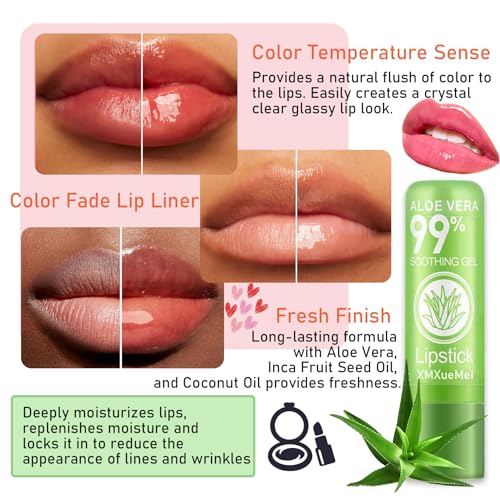 4PCS Aloe Vera Lipstick,Color Changing Lipstick,Moisturizing Magic PH Jelly Lipstick Set for Women,Tinted Lip Balm Long Lasting Waterproof Color Change Lip Gloss Makeup