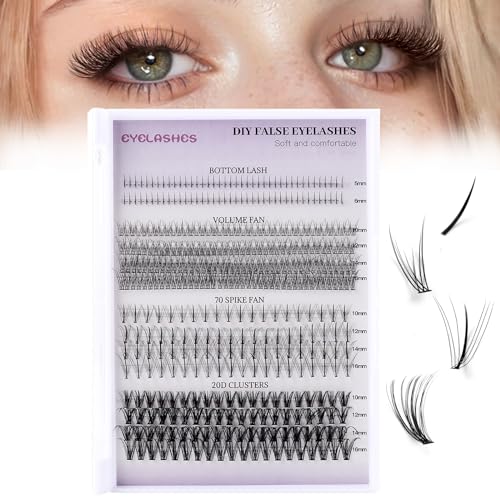 Lash Clusters D Curl Cluster Eyelash Extensions Individual Cluster with Bottom Lashes,Volume Fan,70 Spike Fan,20D Clusters,Spiky Wispy Natural Cluster Lashes Multi-type Mix DIY Lash Extensions