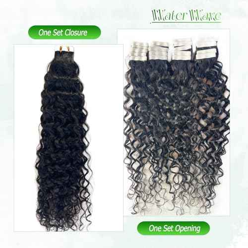 Water Wave Tape in Hair Extensions Human Hair, Natural Black Hair Extensions Real Remy Human Hair Tape ins for Black Women, 20 Inch 50g/pack 20pcs Double Sided Invisible Tape Hair Extension