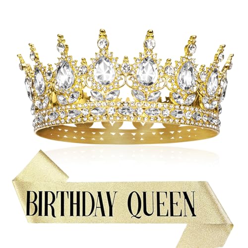 Onedor Gold Clear Queen Crown Tiara & Sash Birthday Cake Topper Party Decor