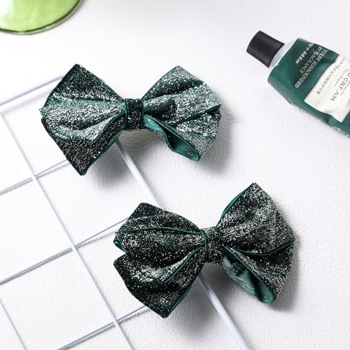 Christmas Glitter Dark Green Velvet Ribbon Hair Bow Clips 4" Cute Alligator Barrettes Pins Xmas Party Dress Outfit Decor Accessory For Teen Toddler Baby Girls Kids Women Gift