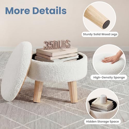DUMOS Round Storage Ottoman with Reversible Tray, Teddy Velvet, Beige