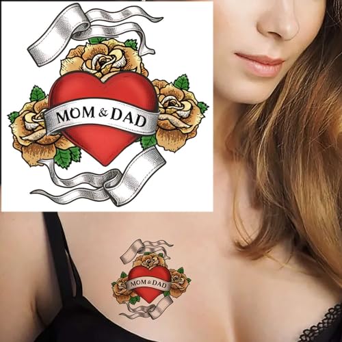 6 Sheet Temporary Tattoos Heart Rose Mom Dad Family 3.7"