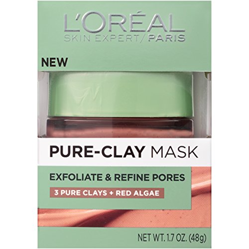 L'Oreal Paris Skincare Pure Clay Face Mask with Red Algae for Clogged Pores to Exfoliate And Refine Pores, Clay Mask, at home face mask, 1.7 oz.