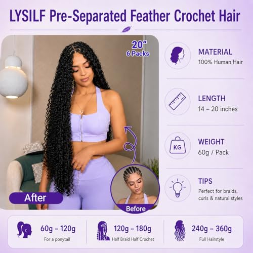 Lysilf 100% Human Crochet Hair 18" Deep Wave - Knotless, Pre-looped