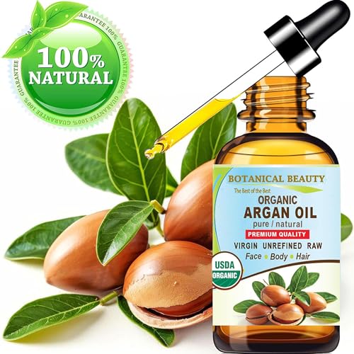 Botanical Beauty Organic ARGAN OIL 100% Pure Natural VIRGIN UNREFINED Cold-Pressed Carrier Oil for Face, Skin, Body, Hair, Lip, Nails. Rich in Vitamin E (1 Fl Oz)