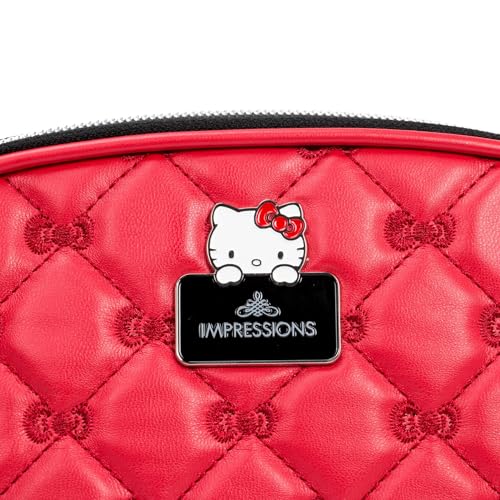 Impressions Vanity Hello Kitty Quilted Arch Travel Makeup Bag Organizer, Hello Kitty Bows Embroidered with Enamel Logo Plate, Bottom Zipper Cosmetic Bag, Black Polyester Lined Interior, Inner Pocket