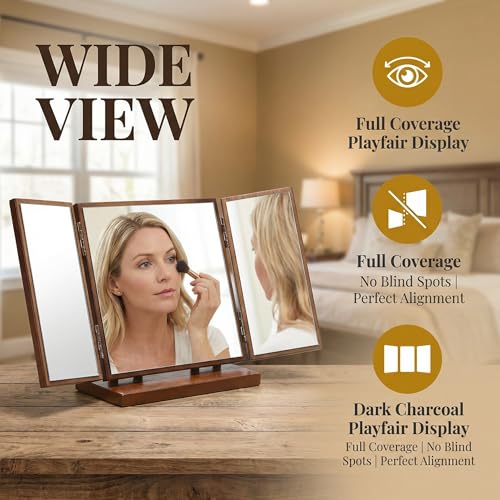 1pc Wood Dressing Table Mirror Wooden Three Mirrors Indoor Desktop Make up Vanity Carved Standing Desk Makeup