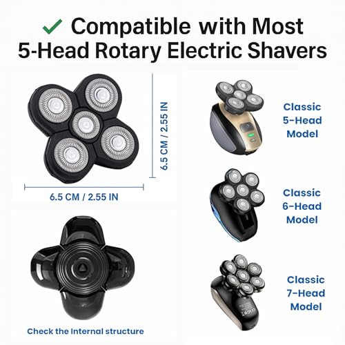 5-Head Replacement Blades for Men's Electric Head Shavers, Universal Snap-on Rotary Razor Refills, Professional Bald Head Grooming Blade with Cleaning Brush, Waterproof & Floating Design (1 Pack)