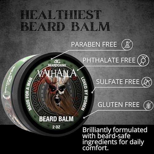 Beard Gains Medium Butter Hold Scented Balm for Men 2oz | Valhalla Luxury Vikings Conditioner | Style, Groom & Grow Facial Hairs W/Organic and Natural Product | MADE IN USA